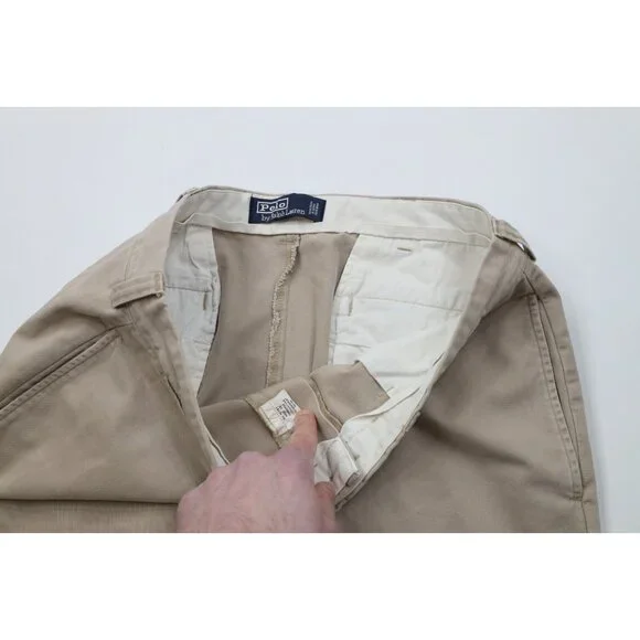 Vintage 90s Ralph Lauren Mens 34x32 Faded Wide Leg Chino Pants Beige Cotton